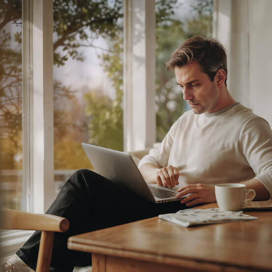 Ein Mann arbeitet an seinem Laptop in einem hellen Raum, mit einer Tasse Kaffee auf dem Tisch neben ihm.